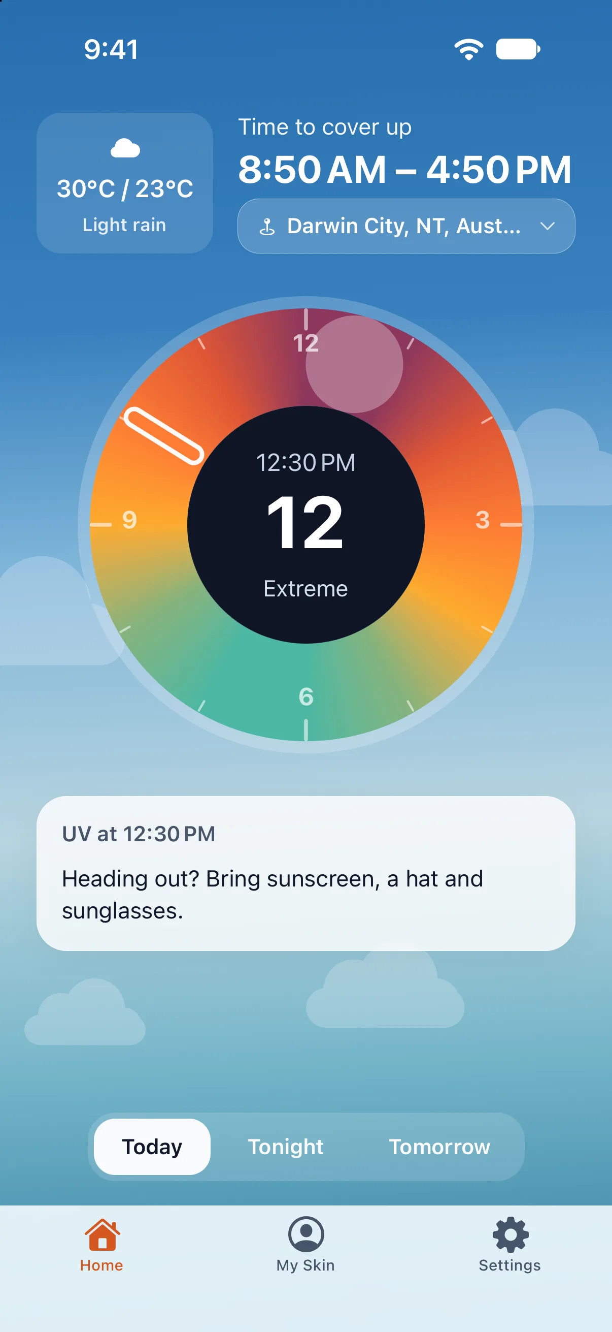 UVLens showing extreme UV of 12 at 12:30 PM in Darwin, with advice to bring sunscreen, a hat and sunglasses