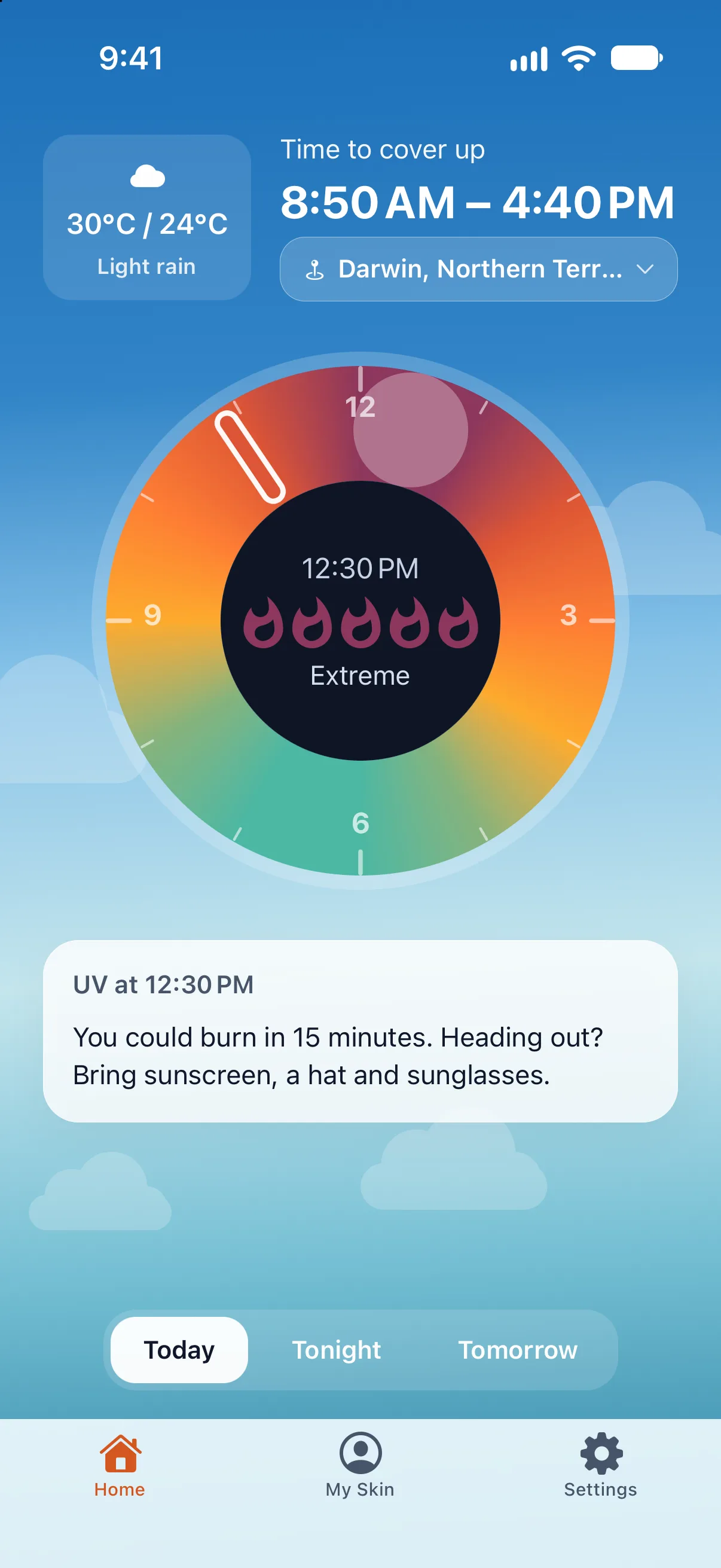 UVLens showing extreme UV at 12:30 PM in Darwin, with a burn time of 15 minutes and advice to bring sunscreen, a hat and sunglasses
