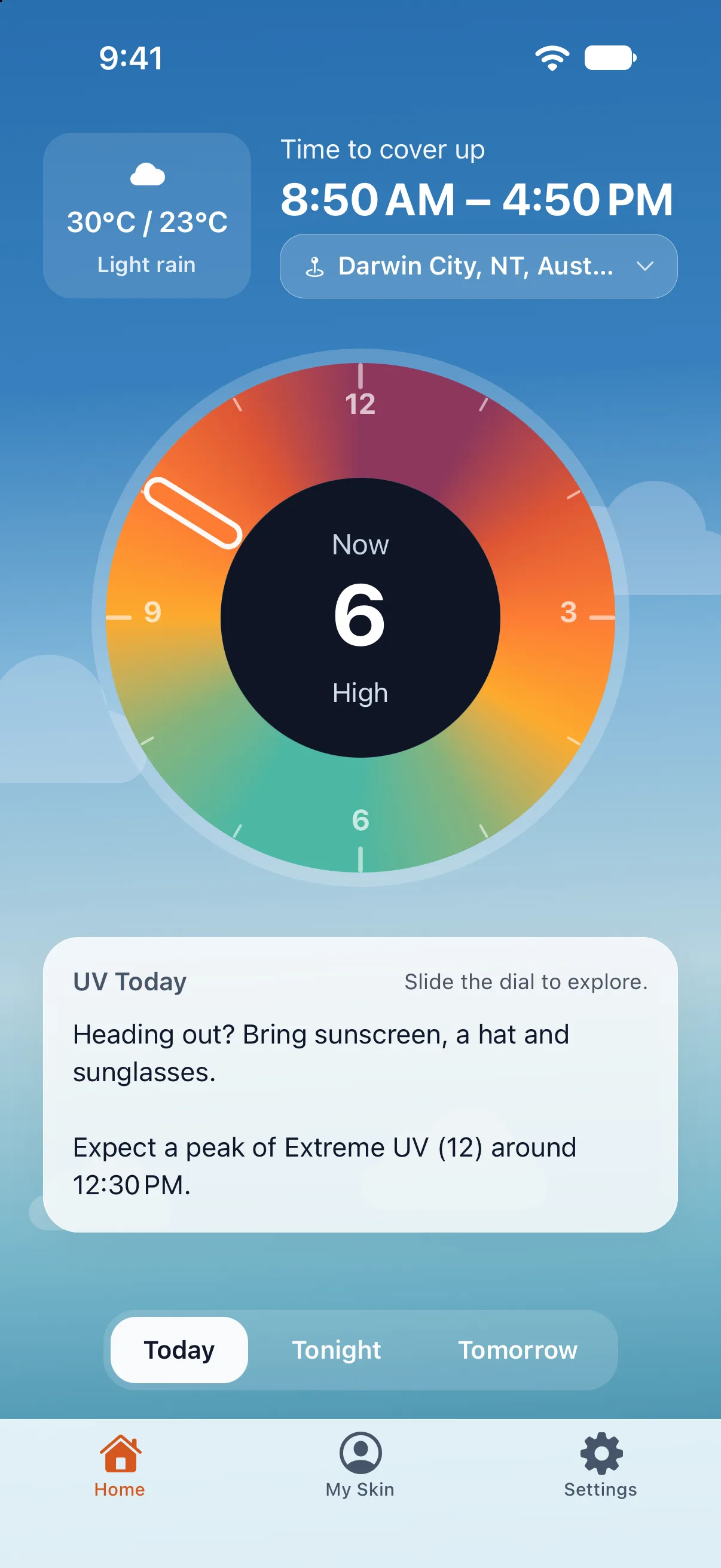 UVLens home screen for Darwin, showing time to cover up from 8:50 AM to 4:50 PM and a UV dial peaking at extreme