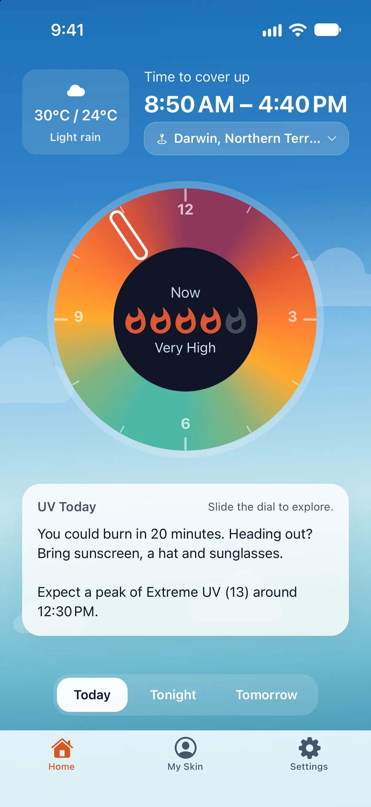 UVLens home screen for Darwin, showing very high UV now on a flame scale, time to cover up from 8:50 AM to 4:40 PM and a burn time of 20 minutes