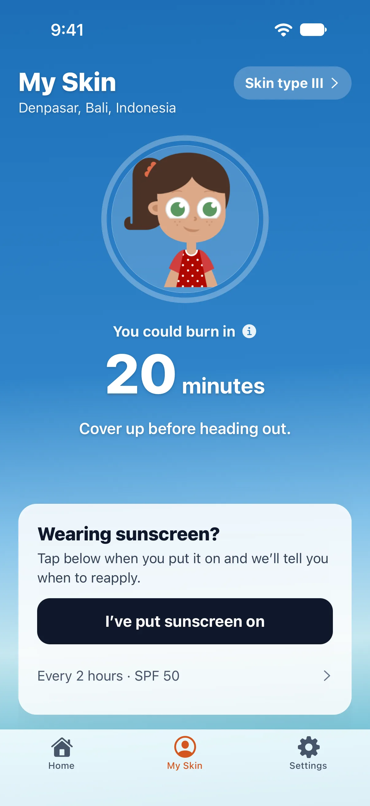 My Skin screen with a personalised avatar, a burn time of 20 minutes and a button to start a sunscreen reminder