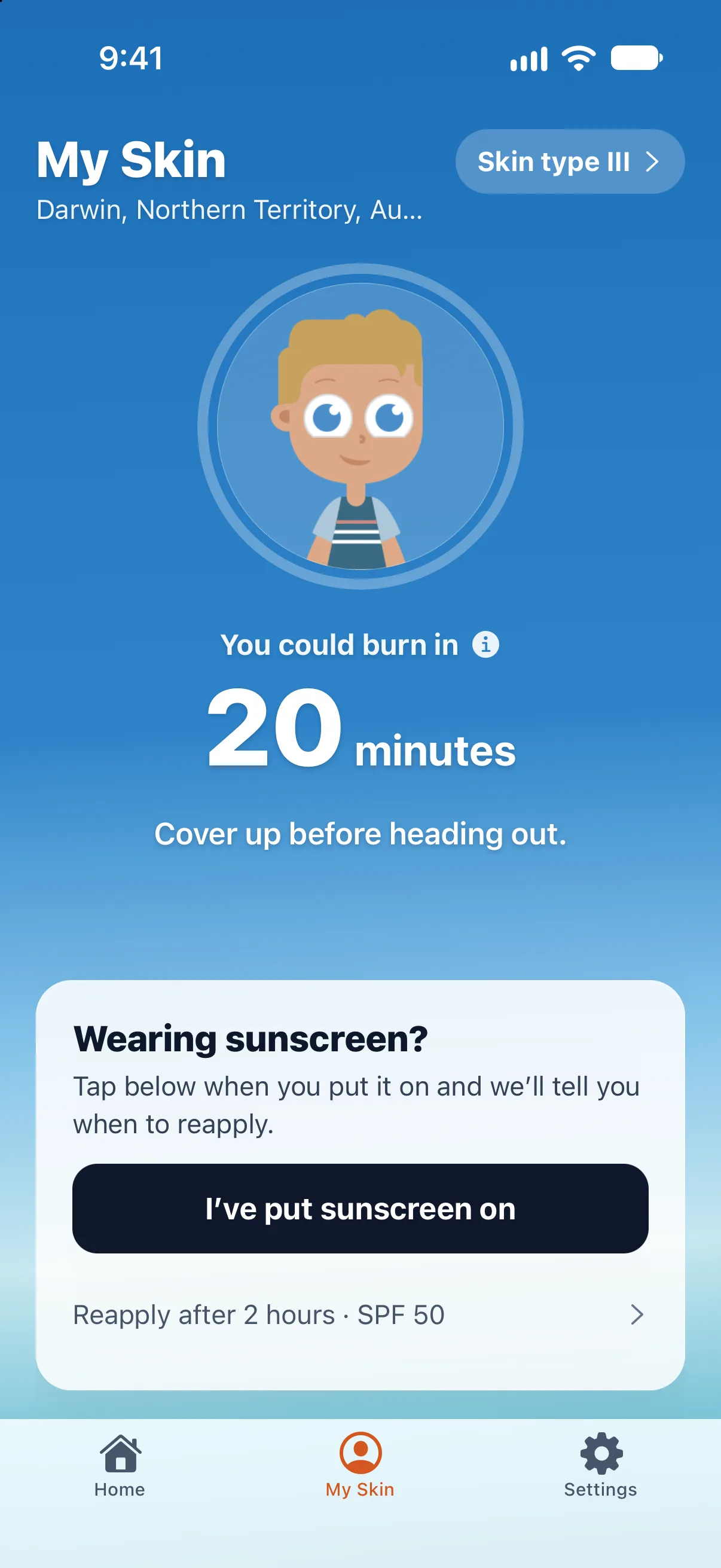 My Skin screen with a personalised avatar, a burn time of 20 minutes and a button to start a sunscreen reminder