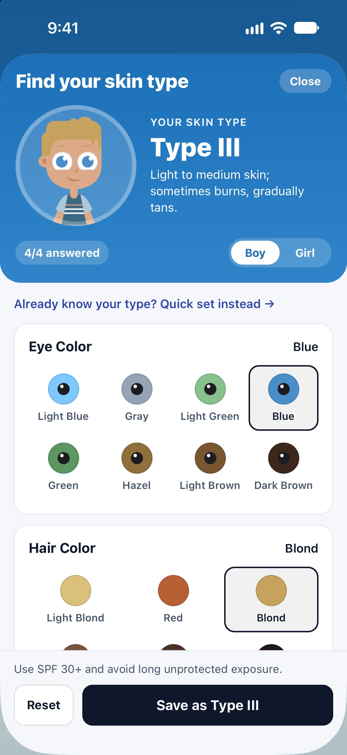Skin quiz with the avatar at the top showing skin type III, and eye and hair colour choices below