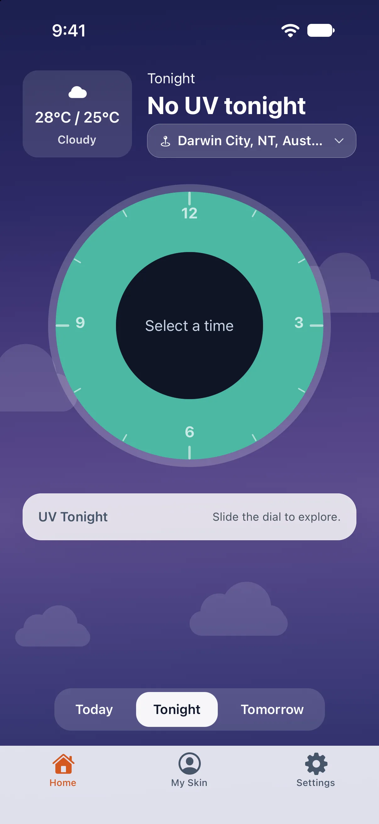 UVLens showing no UV tonight under an evening sky